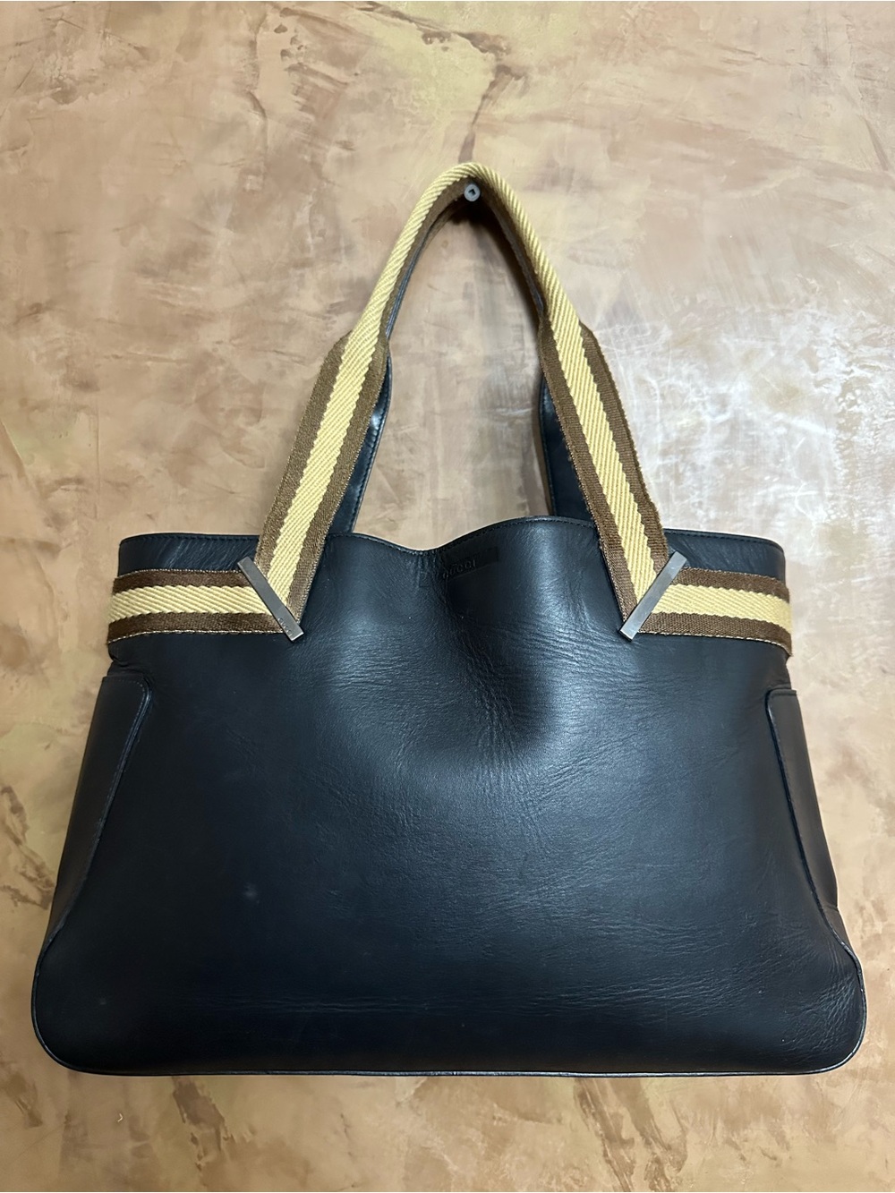 Gucci 100% AUTHENTIC Black Leather Tote with Striped Shoulder Straps